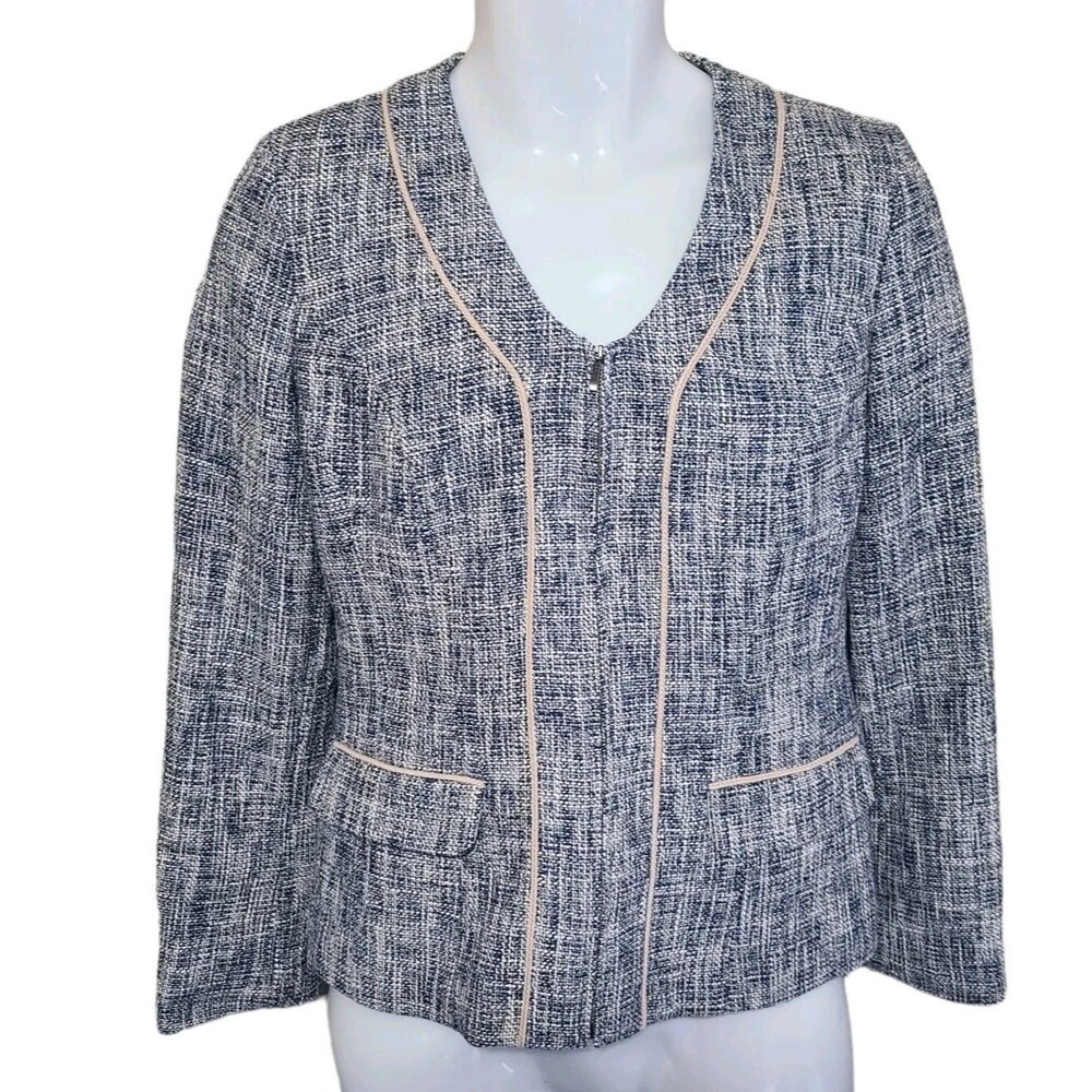 Pendleton Blazer Women's 6 Blue Tweed Full Zip Collarless Faux Pocket Career